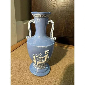 Vintage Greek Inspired Blue Handmade Vase 1977 Woman Playing Music
